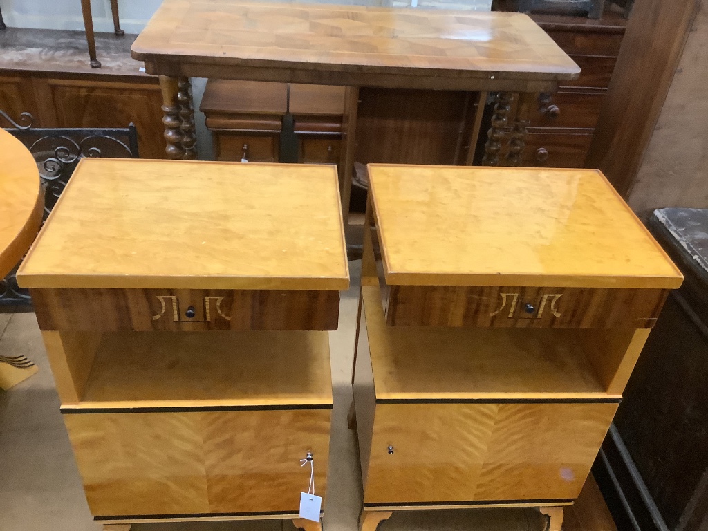 A pair of Biedermeier style birch bedside cabinets, width 40cm, depth 31cm, height 61cm